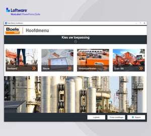 Hoofdmenu van een PowerForms labelapplicatie met keuzes voor bestaande, nieuwe en scanbare labels